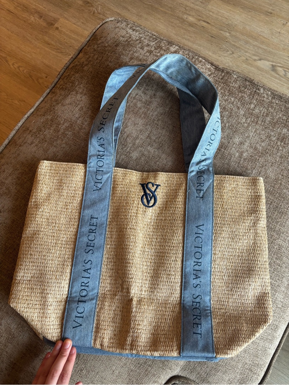 Victoria's Secret Natural Straw Tote with Denim Blue Logo Straps